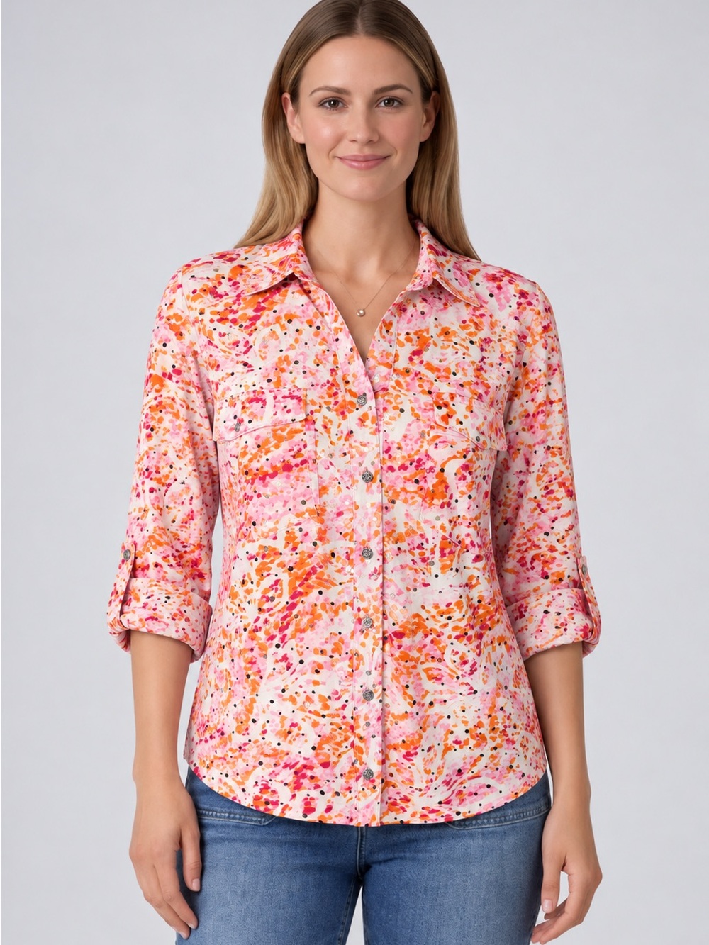 Emily Daniels Women’s Large Pink Orange Sequin Print Button Front Blouse Shirt